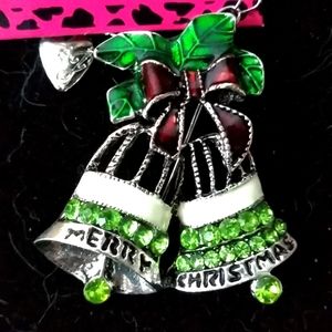 Green Crystal Merry Christmas Bells Brooch Pendant Necklace